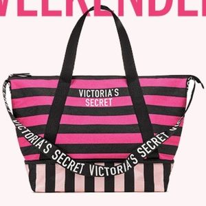 Victoria’s Secret Pink Striped Weekender Tote Bag Zippered Bottom Shoulder Strap